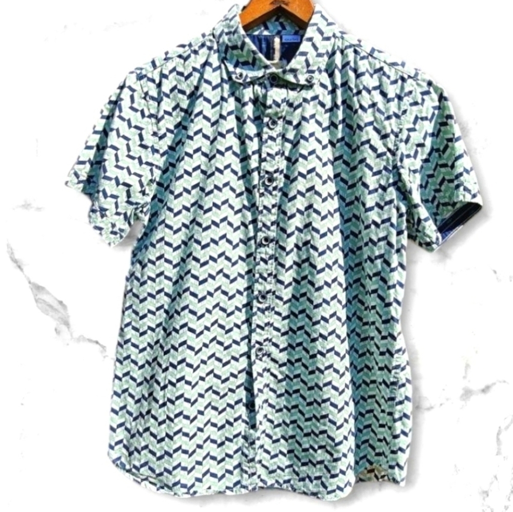 :S: Raw Brand Men's Button Up Blue, Green & White Short Sleeved Cotton Shirt.